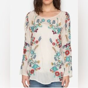 Johnny Was Kikimu Embroidered Crinkled Blouse Tunic Small Boho Cottage Resort